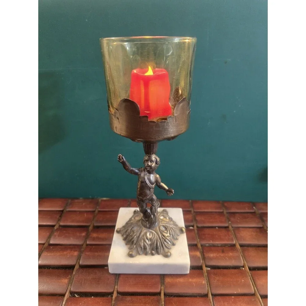 Cherub Candle Holder Bronze  w/ Marble Base Vintage Hollywood Regency 9.25